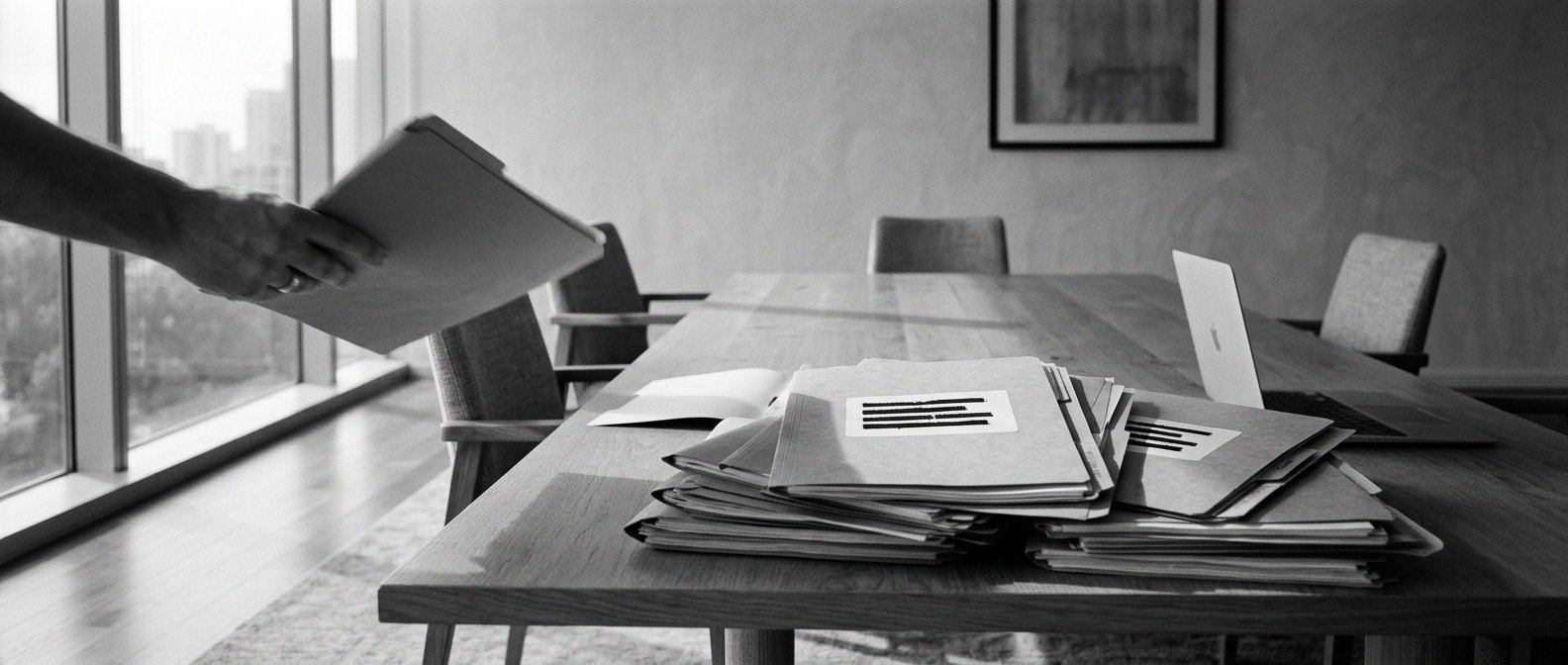 Expedientes anonimizados sobre una mesa de trabajo, en blanco y negro