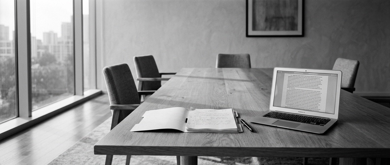 Mesa de mediación con documentos y un ordenador portátil, en blanco y negro