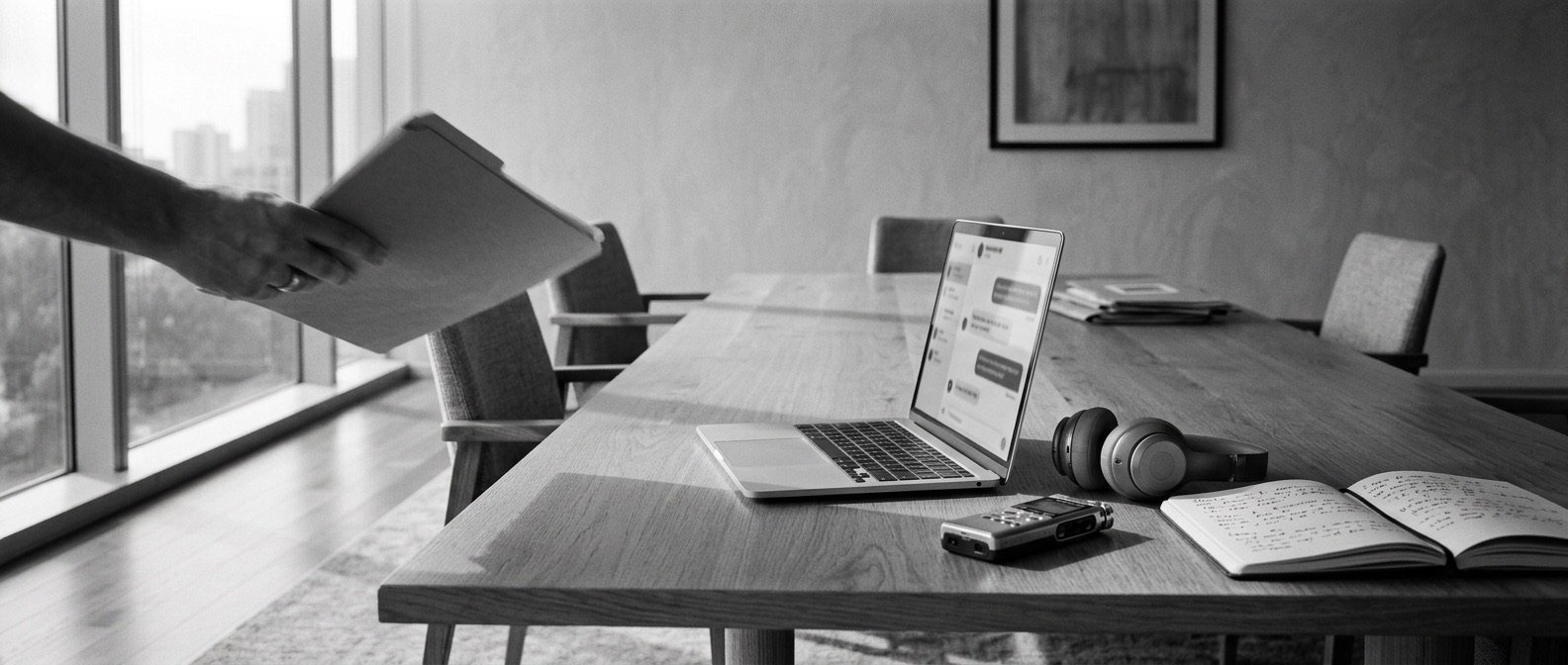 Pantalla de ordenador con una transcripción de entrevista, en blanco y negro